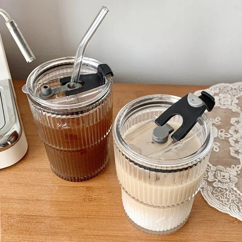Wofflr Stripe Glass Mug with Lid and Straw