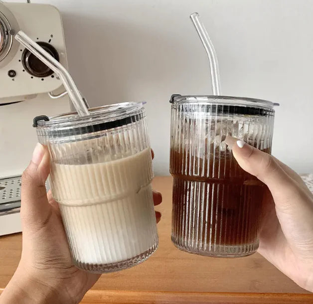 Wofflr Stripe Glass Mug with Lid and Straw