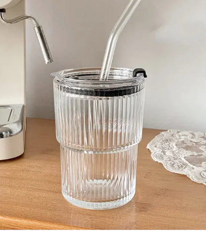 Wofflr Stripe Glass Mug with Lid and Straw