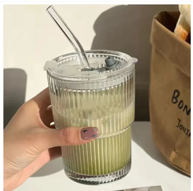 Wofflr Stripe Glass Mug with Lid and Straw