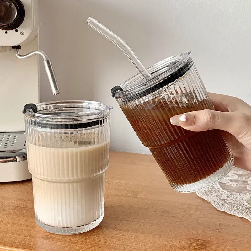 Wofflr Stripe Glass Mug with Lid and Straw