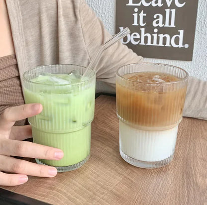 Wofflr Stripe Glass Mug with Lid and Straw